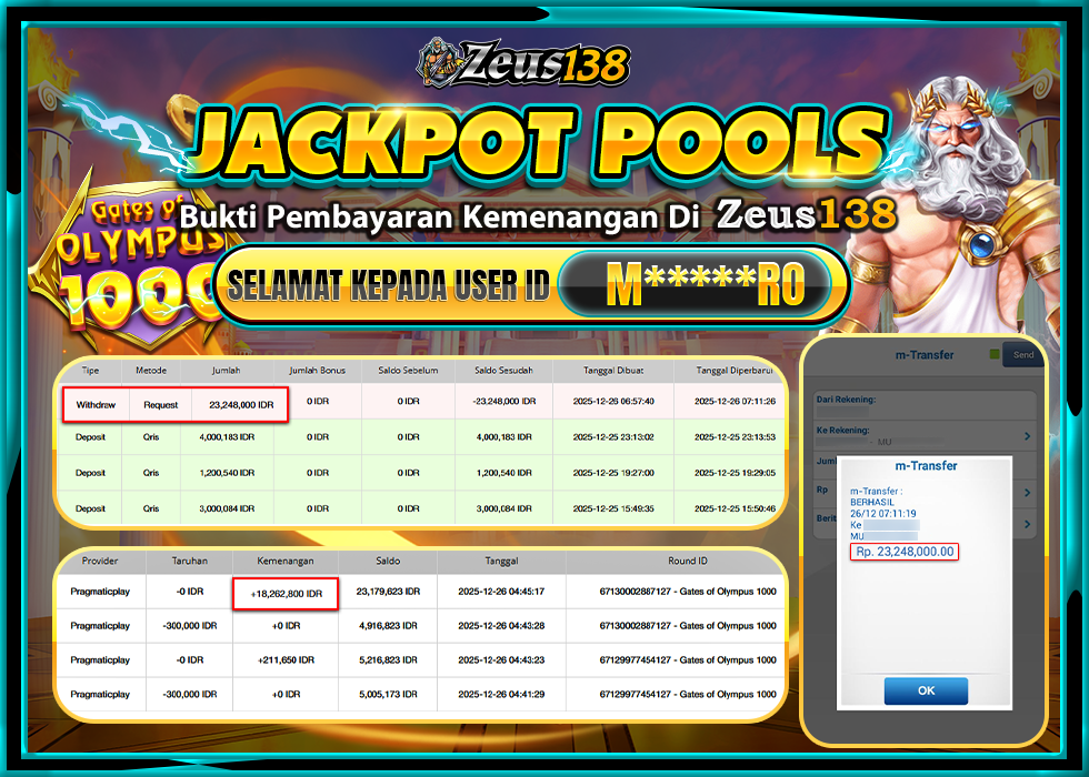 ZEUS138 GATES OF OLYMPUS 1000 Rp.23,248,000 LUNAS